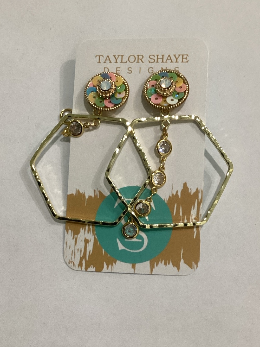 Taylor Shaye Gold Hoop Drop Earrings with Pastel Floral Studs